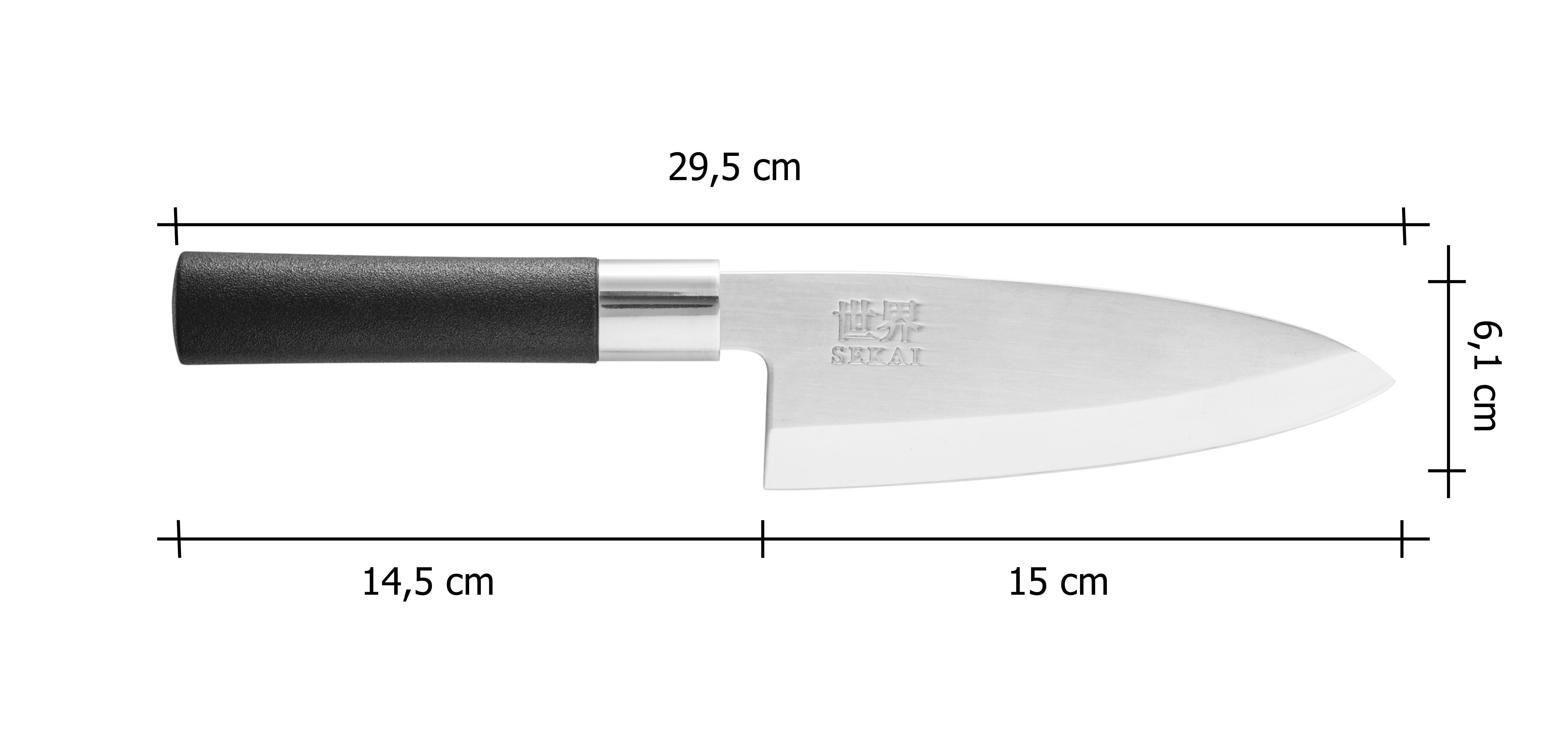 Japonský nôž IVO Deba - SEKAI - 15cm_rozmery noža