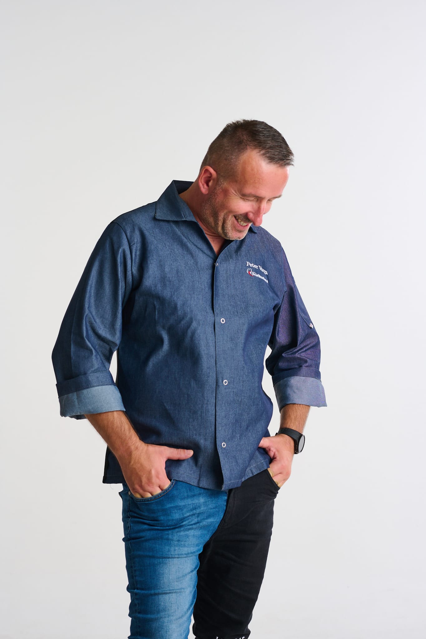 Kuchařský rondon EGOchef VIP s košilovým střihem UNISEX - jeans - dlouhý rukáv XL